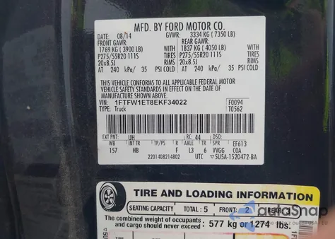 2014 Ford F-150 Lariat z USA, uszkodzony, nr VIN 1FTFW1ET8EKF34022